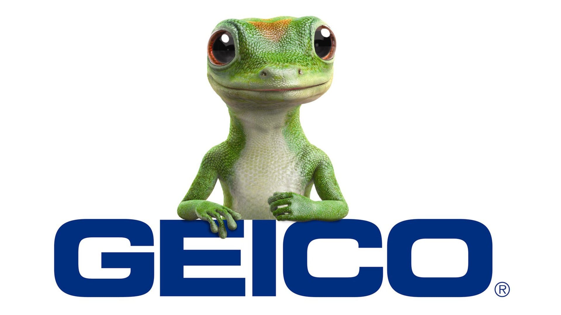 The GEICO gecko mascot perched on the company logo.